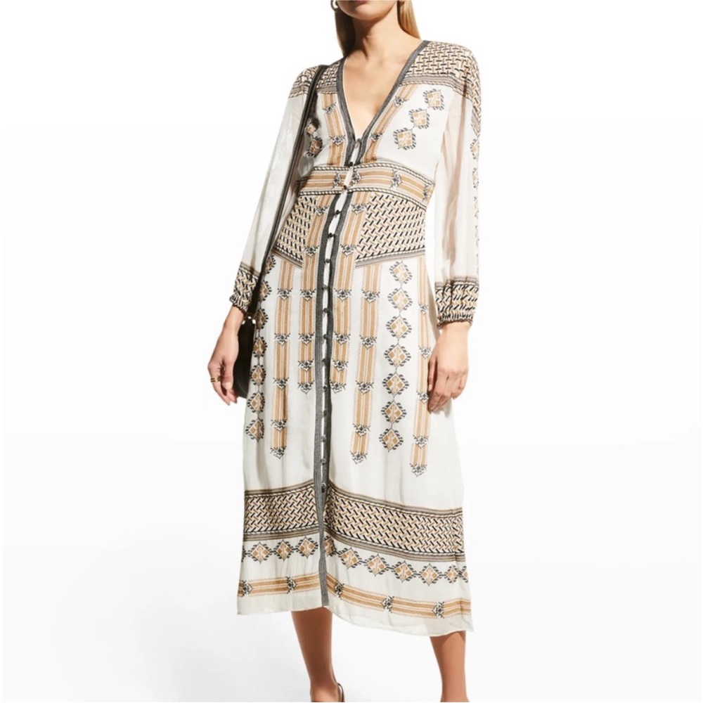 Veronica Beard Ivory Midi Dress with Tan and Black Trim